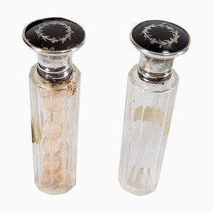 English Enameled Sterling Silver Perfume Scent Bottles, 1908, Set of 2