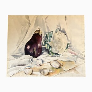 Nature Morte avec Aubergines & Chou-Fleur, 1970s, Aquarelle sur Papier