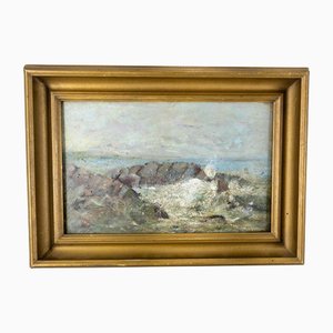 Paisaje marino de olas rompiendo contra las rocas, década de 1890, óleo sobre tabla, enmarcado