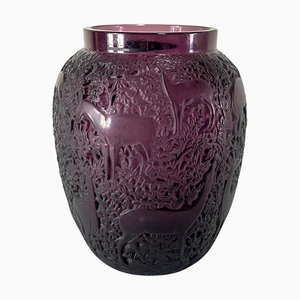 20th Century French Purple Amethyst Glass Vase with Deer from Lalique