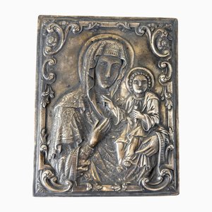 19th or 20th Century Russian 84 Silver Religious Catholic Icon of Madonna and Child