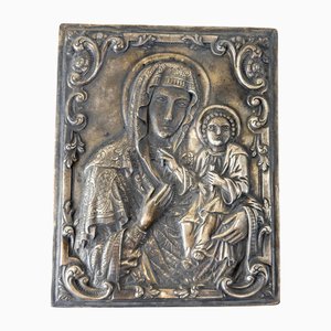 Ícono religioso católico ruso de plata de la Virgen con el niño del siglo XIX o XX