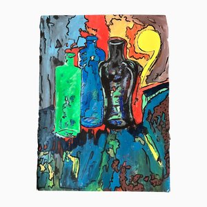 Abstraktes Stillleben mit Flaschen, 1980er, Acryl auf Papier