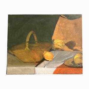 Bodegón con cesta de flores y frutas, años 80, Pintura sobre lienzo