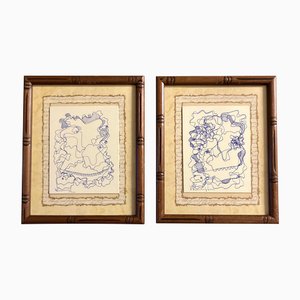 Wayne Cunningham, Abstract Blue, 1980s, Ink Drawings, Framed, Set of 2