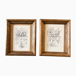 Wayne Cunningham, Abstract Compositions, 1980s, Ink Drawings on Paper, Framed, Set of 2