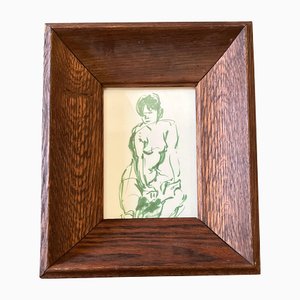 Desnudo de mujer, años 80, rotulador verde sobre papel, enmarcado