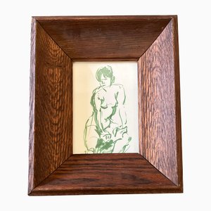 Female Nude, 1980s, Green Marker on Paper, Framed