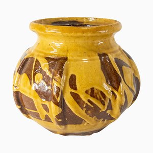19th Century European or American Redware Vase with Yellow Slip Decoration