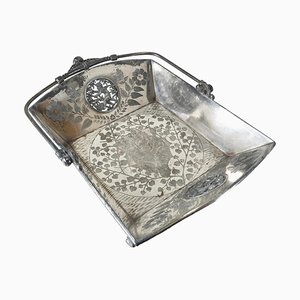 19th Century American Victorian Silverplate Basket with Cat