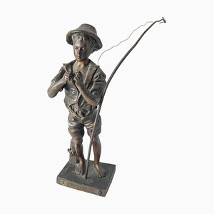 19th Century French Bronze Figure of a Fishing Boy After Pecheur by Adolphe Jean Lavergne