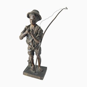 Figura de bronce francesa del siglo XIX de un niño pescador después de Pecheur de Adolphe Jean Lavergne