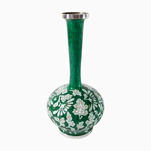 20th Century Korean .99 Sterling Silver Green Enameled Vase
