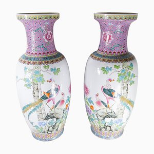 20th Century Chinese Famille Rose Decorative Chinoiserie Vases, Set of 2