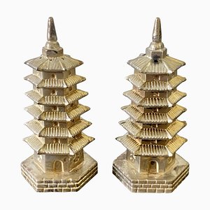 Salero y pimentero Godinger Chinoiserie Pagoda de plata. Juego de 2
