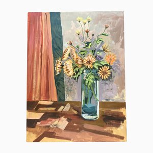 M. Miller, Bodegón modernista con flores, años 80, Pintura sobre lienzo