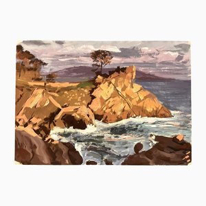 Gouache Coastal Seascape, 1950s, Papier