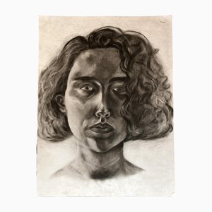 Großes Frauenporträt, 1970er, Kohle auf Papier