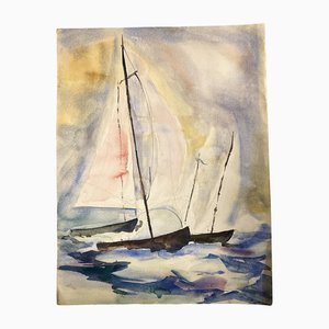 Sailing Boat, 1970s, Watercolor on Paper