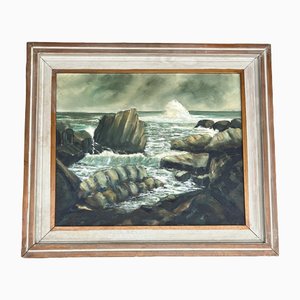 Paisaje marino rocoso modernista, años 50, pintura sobre lienzo, enmarcado