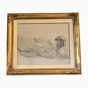 Estudio con desnudo de mujer, años 50, carboncillo y lino sobre papel, con marco