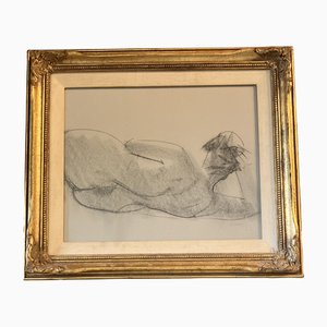 Female Nude Study, 1950s, Charcoal and Linen on Paper, Framed