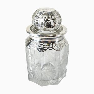 Early 20th Century Sterling Silver Overlay Engraved Glass Covered Jar