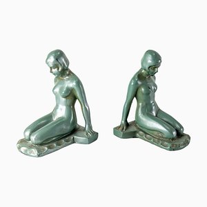 Art Deco Verdigris Patina White Metal Bookends attributed to Frankart, 1930s