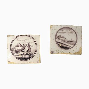 19th Century Dutch Manganese Decorative Tiles from Delft, Set of 2