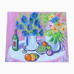 Bodegón rosa modernista de frutas y flores, años 90, Pintura sobre lienzo