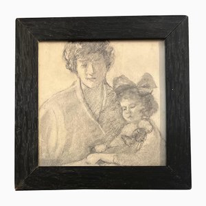Mutter & Kind, Kohlezeichnung, 1910, Gerahmt