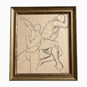 Dibujo de estudio desnudo de hombre, años 50, carboncillo sobre papel, enmarcado