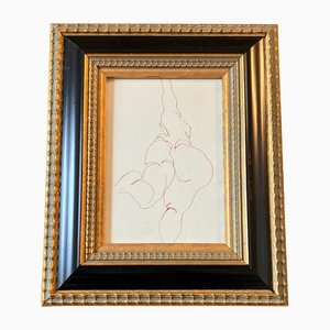 Abstract Female Nude, Brown Ink Drawing, 1970s, Framed