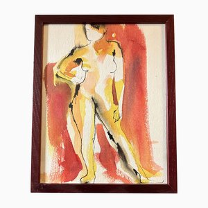 Desnudo abstracto de mujer, años 70, Acuarela sobre papel, Enmarcado