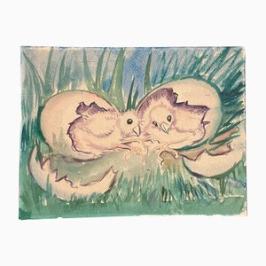 Baby Chicks in Eggs, 1950s, Watercolor on Paper
