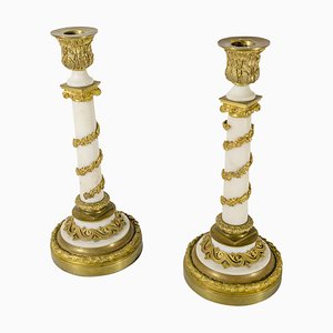 19th Century French Empire Gilt Bronze and White Marble Candlesticks, Set of 2