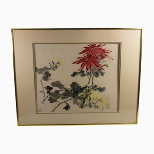 Artiste Chinois, Chrysanthèmes Rouges et Jaunes, Milieu du 20ème Siècle, Aquarelle, Encadré