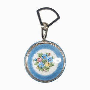 Blaue Guilloche Emaille Floral und Sterling Silber Make-up Kompakt, Anfang 20. Jh.