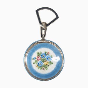 Early 20th Century Blue Guilloche Enamel Floral and Sterling Silver Makeup Compact