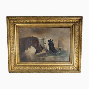 Tres caballos en un pozo, década de 1800, óleo sobre lienzo, enmarcado