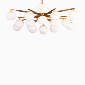 Large Brass and Opaline Chandelier by Angelo Lelli