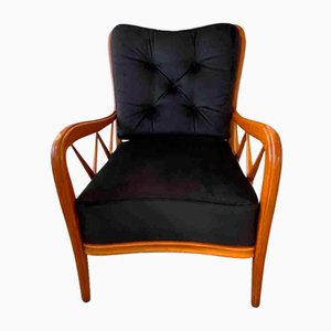 1950s Paolo Buffa Cherry Wood and Black Velvet Armchairs by Paolo Buffa