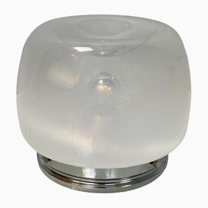 Lámpara de mesa italiana era espacial redonda de metal opalino y vidrio transparente, años 70