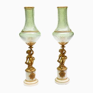 French Cherub Storm Table Lamps with Glass Gilt Figurines, Set of 2