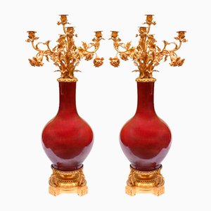 French Empire Porcelain Mounted Gilt Candelabras, Set of 2