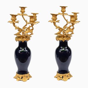 Vases Candélabres Antiques en Porcelaine et Doré, France, 1890, Set de 2