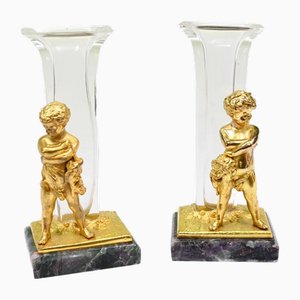 French Ormolu Cherub Figurine Glass Vases, Set of 2