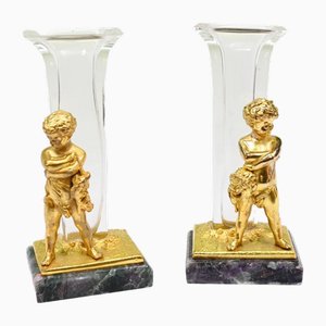 Vases en Verre Figurine Chérubin Bronze doré, Set de 2