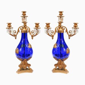 Candelabros Imperio francés de vidrio con soportes dorados, 1870. Juego de 2