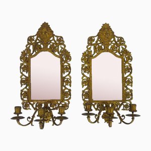 Vintage Beveled Mirror with Wall Lights, 1950s, Set of 2